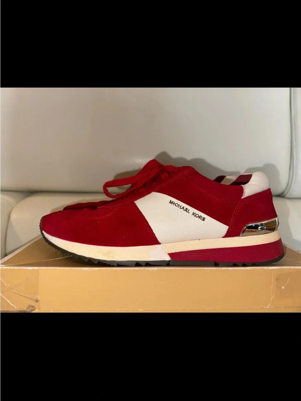 MICHAEL KORS RED & WHITE SUEDE LACE-UP SNEAKER